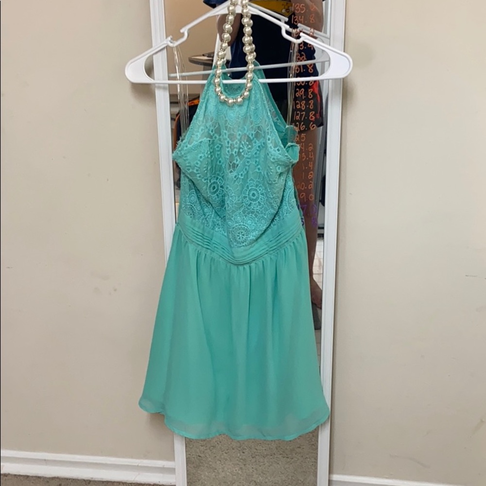 Teal dress with fake pearl neck line